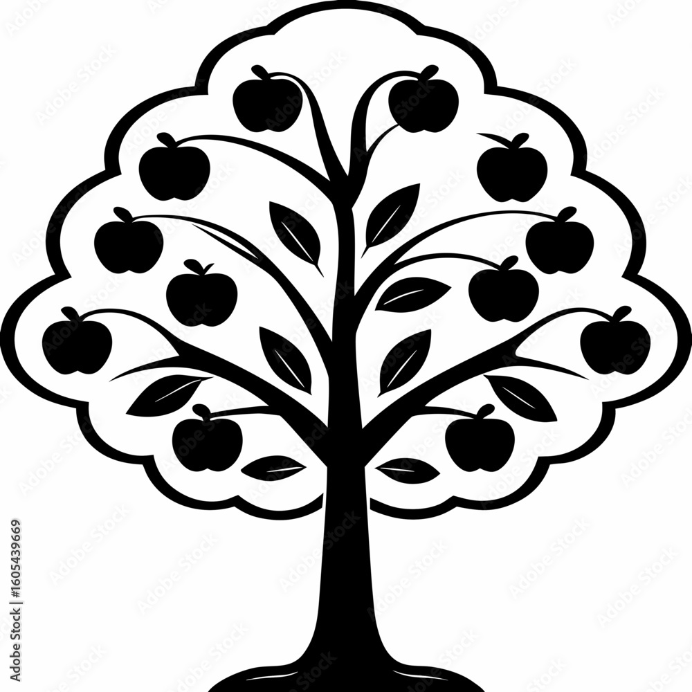 Poster illustration of a stylized apple tree with rounded canopy filled with apples and leaves in black and