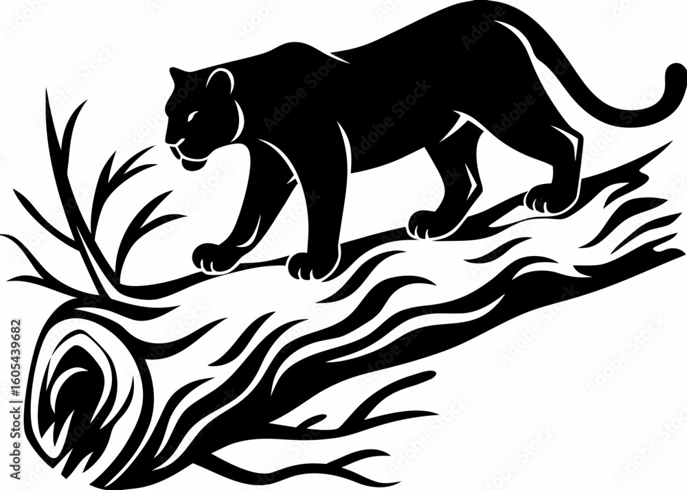 Poster black panther prowling on a fallen tree trunk with bare branches in a monochrome vector illustration