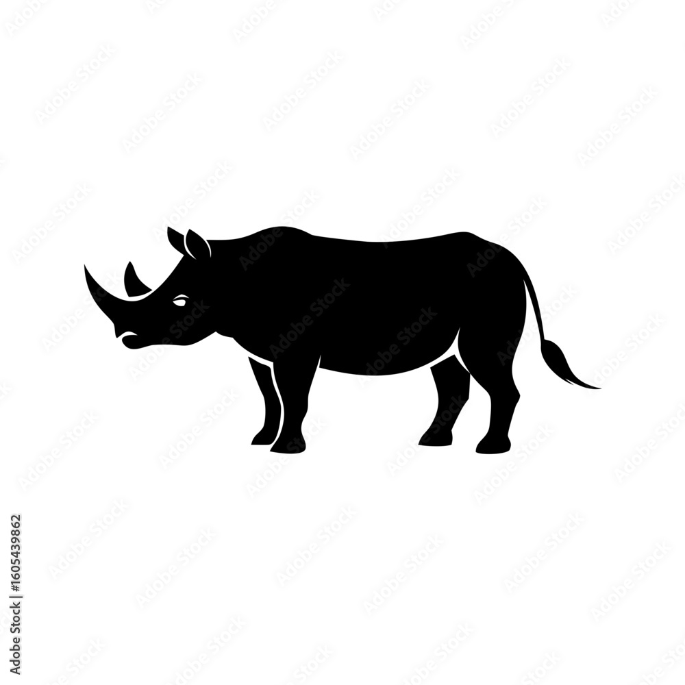 Poster silhouette of a rhinoceros standing on a white background in a simple and clean illustration style c