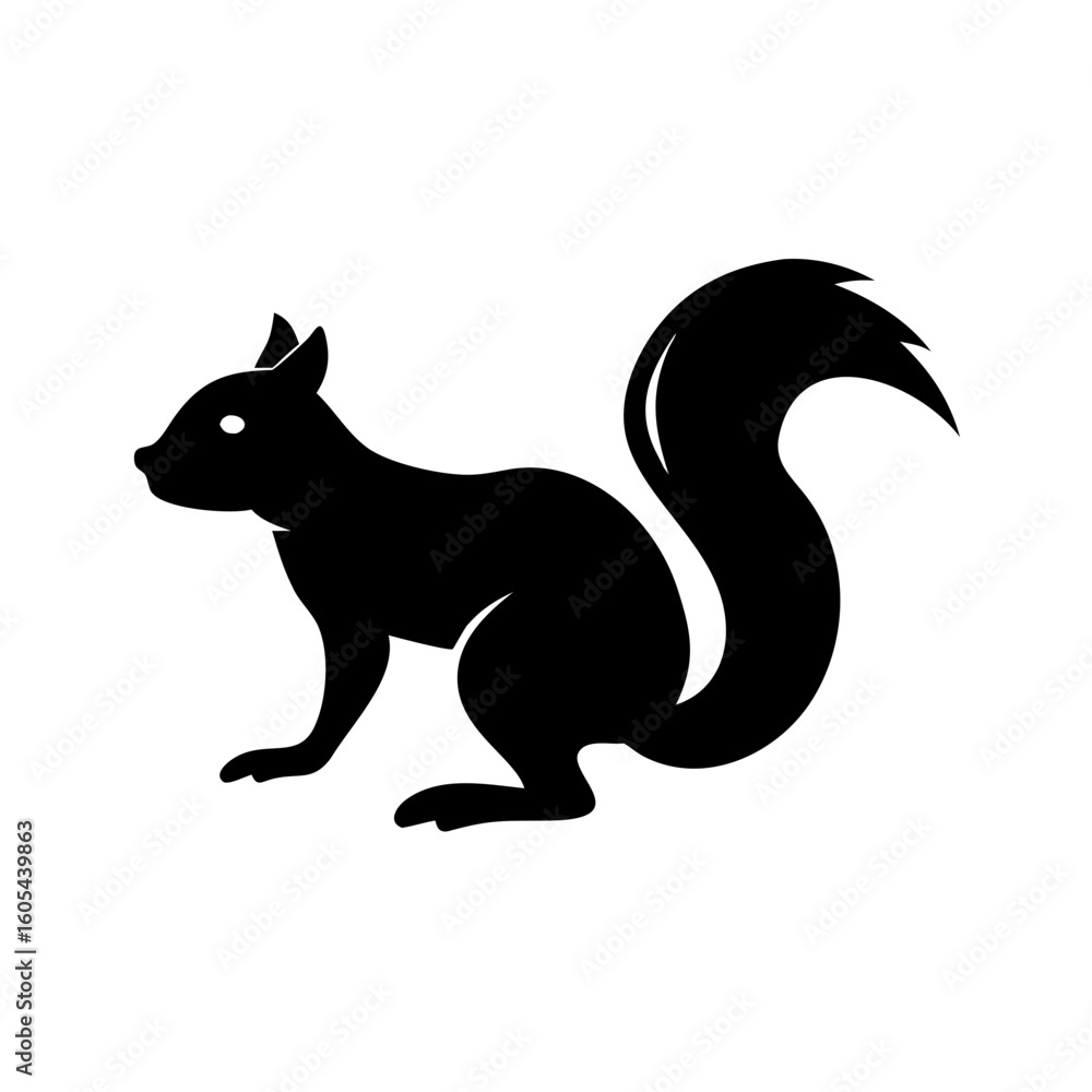 Poster silhouette of a squirrel with a bushy tail standing on its hind legs in a simple vector illustration