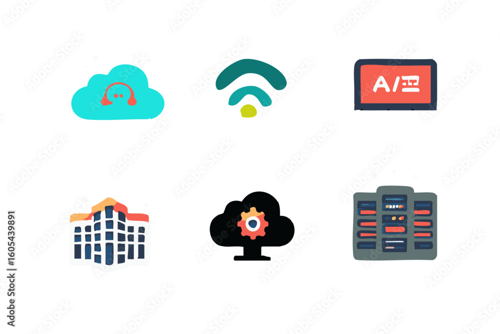 Poster digital technology icons cloud computing, ai, networking, data center, and it infrastructure vector 