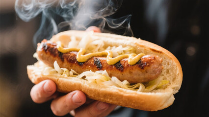 Oktoberfest: A Hand Holding a Steaming Bratwurst in a Bun, Topped with Sauerkraut and Mustard, Capturing the Festive and Appeti...