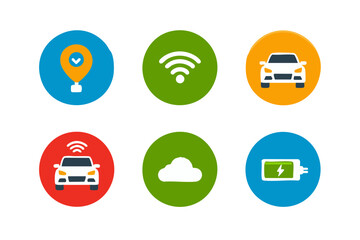 Smart car technology icons autonomous driving, gps navigation, wireless connectivity, cloud computing, electric vehicle charging vector icon 