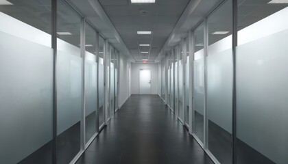 Symmetrical office corridor with frosted glass panels. Features clean, modern interior design, creating minimalist workspace. Long hallway with transparent doors, frames offers perspective view
