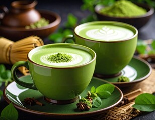 Two cups of matcha latte, frothy and vibrant green, adorned with matcha powder