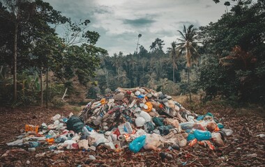 A large pile of garbage in the forest
