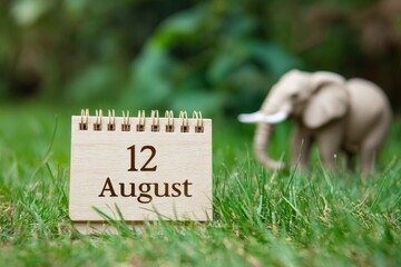 Calendar displaying 12 August amidst grass with a blurred elephant figurine in the background