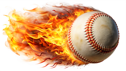 burning baseball ball flying with flames isolated on white background, png, ai generated