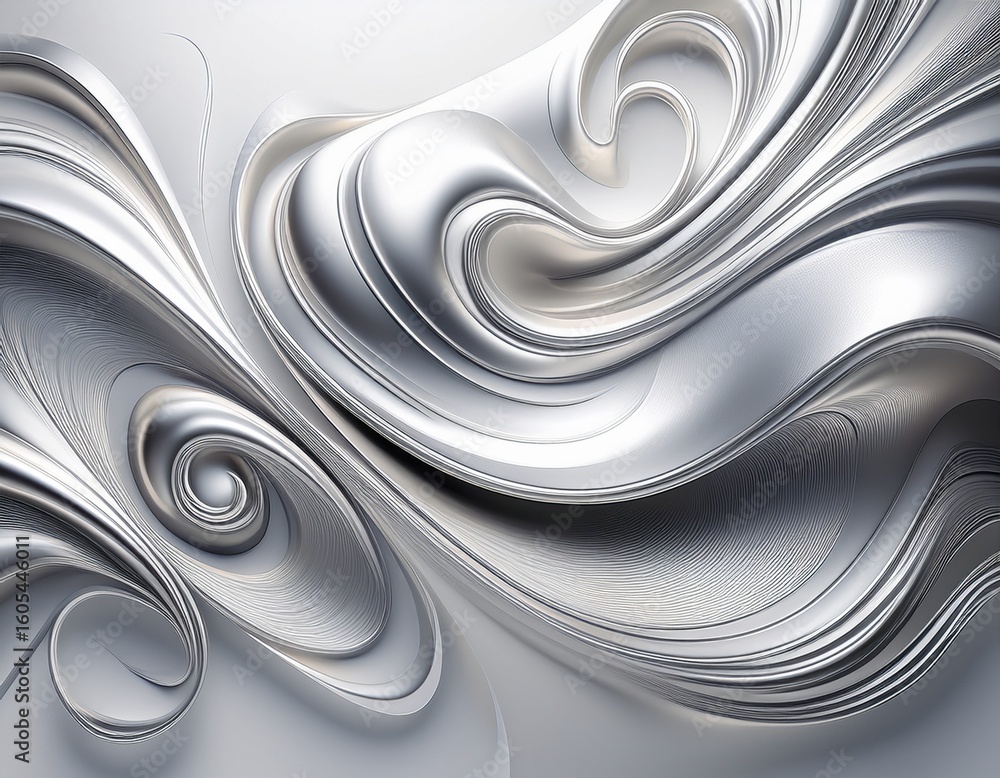 Poster mesmerizing abstract background with metallic silver swirls smooth curves flowing against a white ba