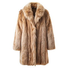 Luxurious long tan and brown fur coat with a wide collar and open front isolated on transparent background