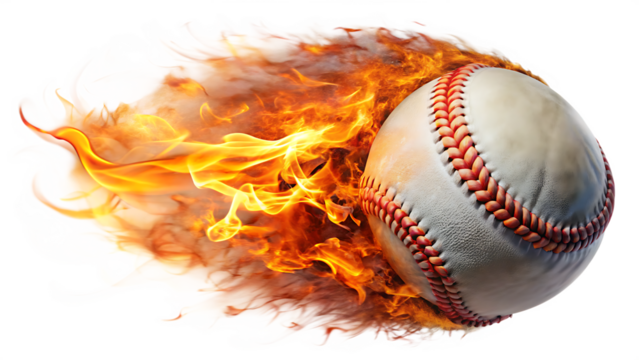 burning baseball ball flying with flames isolated on white background, png, ai generated.