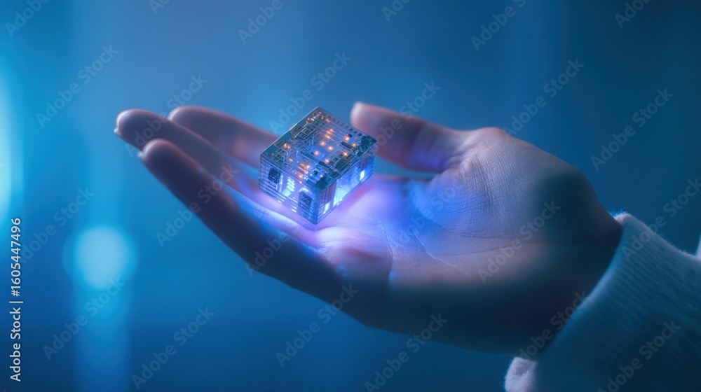 Poster engineer presents a newly fabricated, small form factor ai accelerator chip, illuminated by a soft b