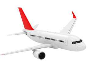 Fototapeta premium White passenger jet taking flight, isolated on a black background; advertising or travel design usage