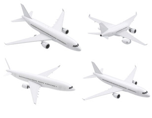 Fototapeta premium Four white jet airliners, various angles, isolated, used for transportation & travel visuals