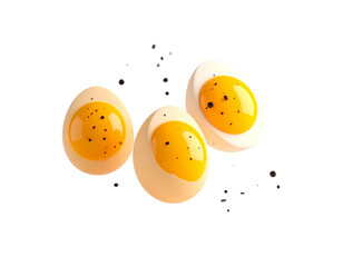 Fototapeta premium Three halved hard-boiled eggs, vibrant yellow yolks, speckled with black pepper