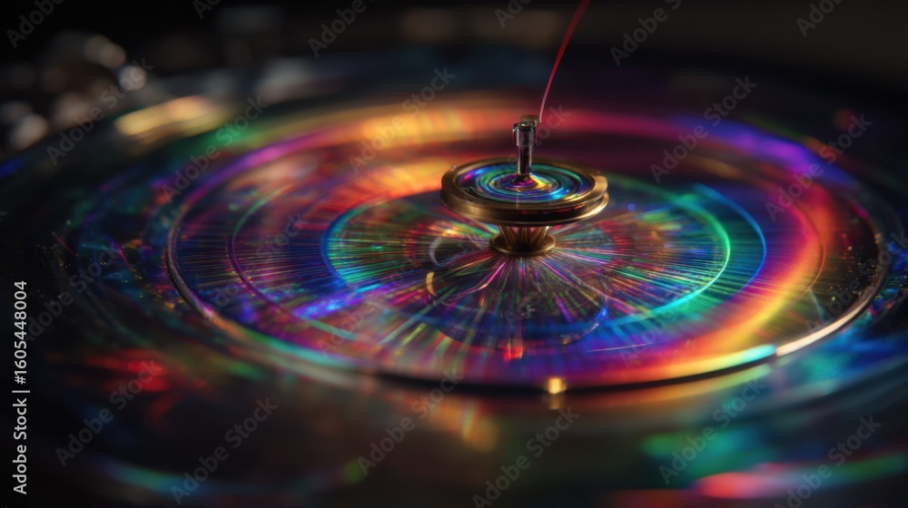 Poster metallic spinning top generating vibrant holographic projection with iridescent rainbow like hues, s