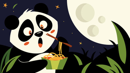 Cute panda eating noodles under the moonlight in a jungle setting  