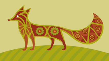 Colorful decorative fox illustration on a green background  