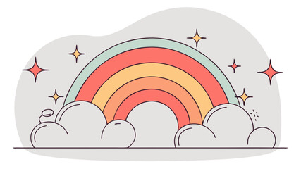 Colorful rainbow with clouds and stars in minimalist style  