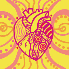 Graphic heart illustration in vibrant colors on abstract yellow background  
