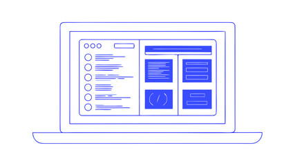 Laptop displaying user interface design elements in blue outline  