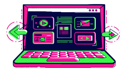 Digital laptop screen displaying colorful apps and icons in neon style  
