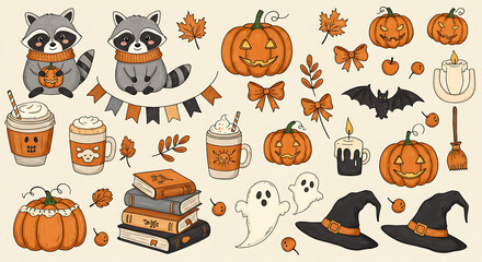 Cute halloween illustration featuring raccoons pumpkins ghosts and witches hats