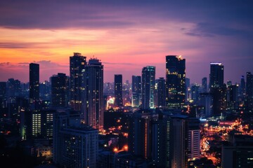 Fototapeta premium Cityscape at night with lit buildings
