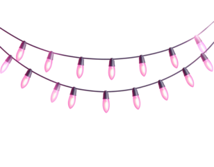 Festive string lights glow with a soft pink hue creating a warm and inviting atmosphere.