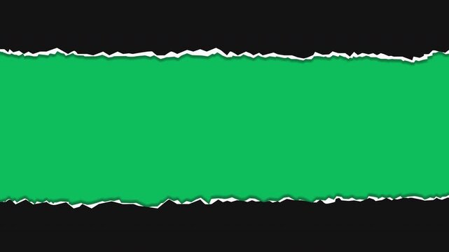 Black paper tear transition animation with page turn reveal from right to left and left to right into torn paper frame with green screen. 4K ripped paper animated template for editing and overlay.