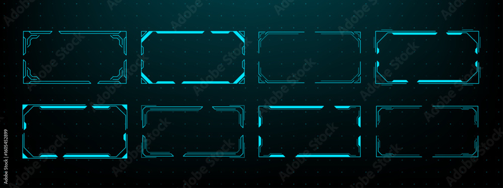 Poster Neon display frame set in a futuristic hud style. Abstract virtual reality and digital technology. UI design for a game element.