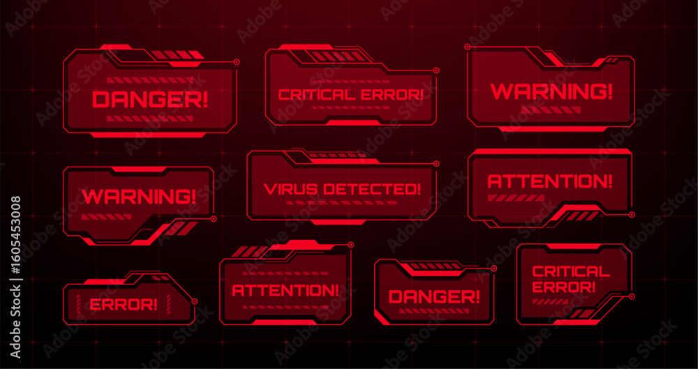 Poster Red futuristic hud warning and danger messages. Digital data interface for cyber security and network alert.
