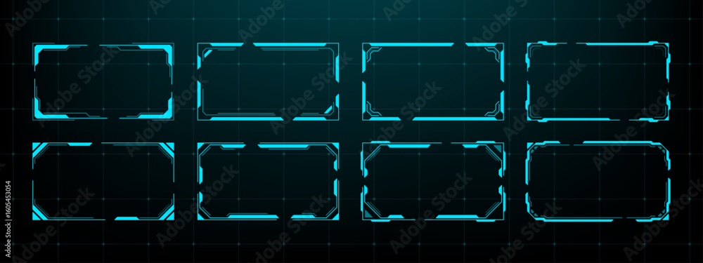 Poster Set of blue futuristic hud frames. Digital hi tech border for user interface. Technology screen for data and graphs.