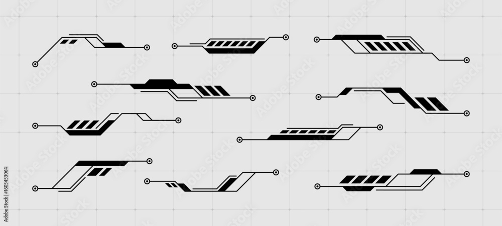 Poster Collection of black hud frames vector lines interface for futuristic game design. Digital data display hologram element kit.