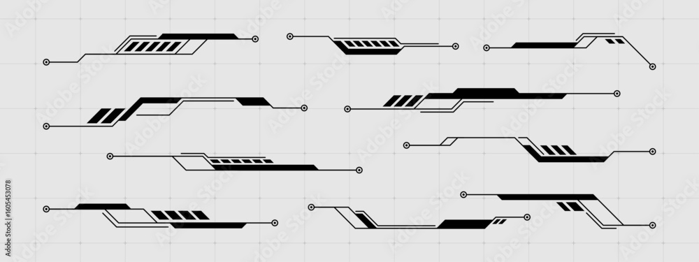 Poster Modern heads up display vector graphics elements set. Futuristic user interface callouts for game and web design technology.