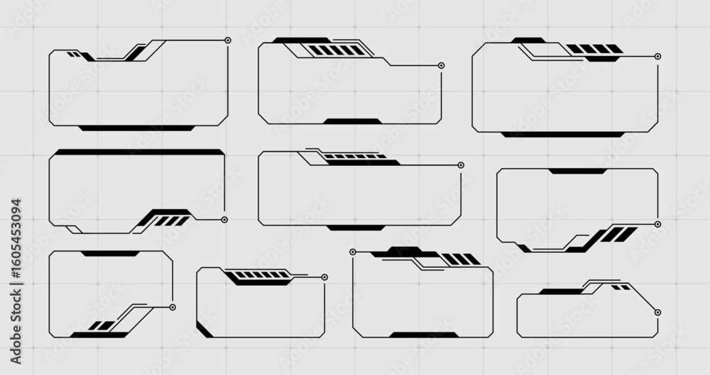 Poster Set of black hud vector frames. Futuristic ui interface elements with graphic boxes. Cyber game display or digital dashboard layout.