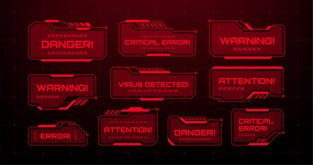 Red futuristic hud warning and danger messages. Digital data interface for cyber security and network alert. © hiten666