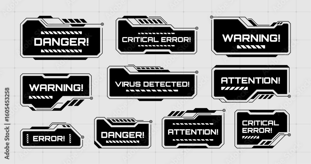 Poster collection of futuristic hud error and warning banners in sci-fi style. digital interface elements f