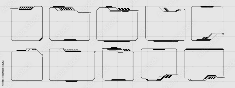 Poster Set of futuristic hud frames and elements for modern display. Digital user interface design for game or app.