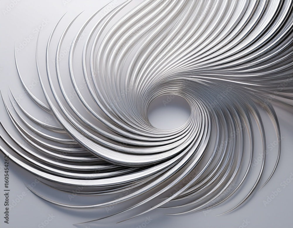 Poster sleek metallic silver lines as dynamic spiral pattern on minimalist white background 3d rendering id
