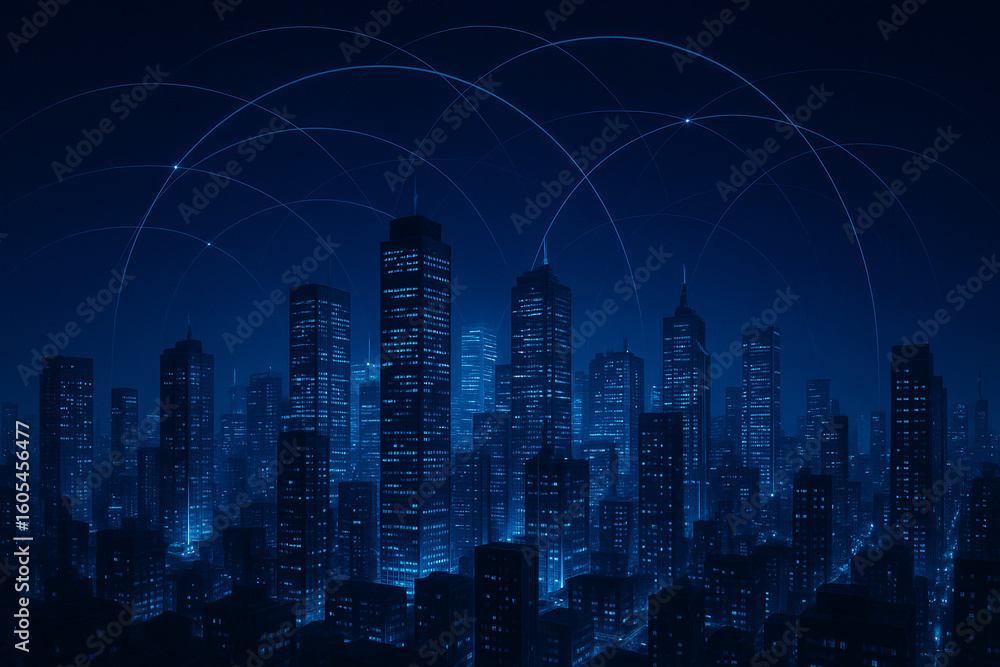 Poster dynamic cityscape glows with interconnected digital pathways, representing global network expansion 
