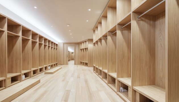 Modern wooden locker room interior featuring minimalist design with light wood paneling, numerous open storage shelves. Includes wooden benches, clean tile floor, creating warm, bright, functional