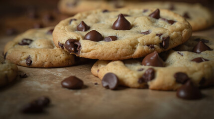 Closeup of warm, freshly baked chocolate chip cookies. Rich dark chocolate chunks embedded in golden-brown, soft dough with slightly crisp edges. Perfect treat for snack time dessert. Captures