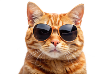 adorable closeup of a mischievous ginger cat wearing sunglass isolated on white background, png, ai generated.