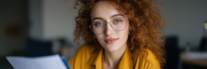 Young caucasian female with curly hair reading documents in office setting