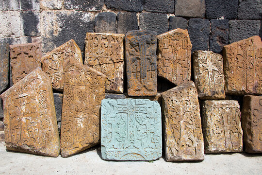 Armenian Khachkar with Cross and Christ Relief, Sevanavank Monastery, Armenia &ndash; Intricate Medieval Stone Carving Inside Ancient Church