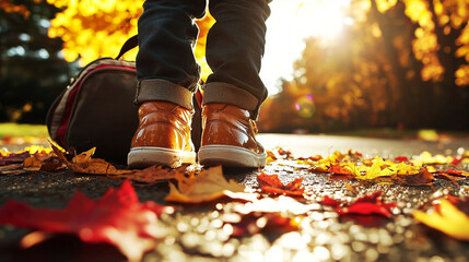 Autumn school road with child's shiny shoes, fallen leaves, and backpack under warm sunlight casting soft shadows, angled view at knee level focusing on textures
