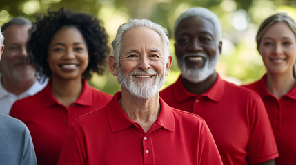 A multi-ethnic group of smiling senior adults, dressed in red polo shirts, stands together, representing community unity and friendship.