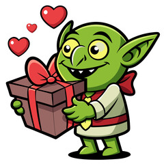 Obraz premium Green goblin character holding a gift box with red ribbon and hearts present