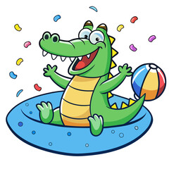 Fototapeta premium Smiling cartoon crocodile floating in blue inflatable ring with beach ball alligator reptile